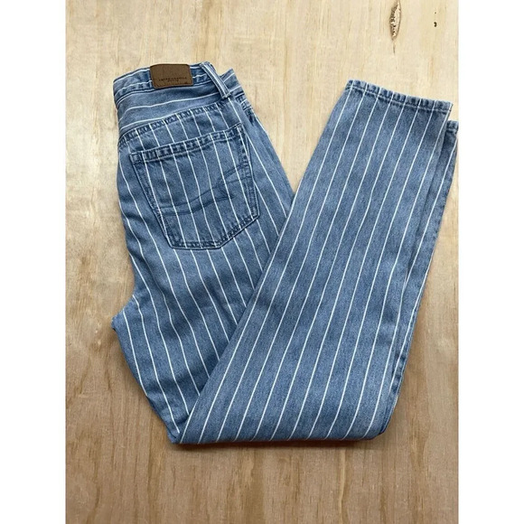 American Eagle Outfitters Size 00 Regular Blue Pin Stripe High Rise Mom Jeans - Picture 1 of 6